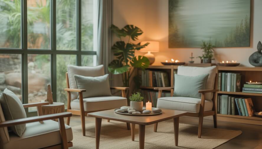 A calming therapy room with comfortable chairs, natural light, plants, and peaceful decor.