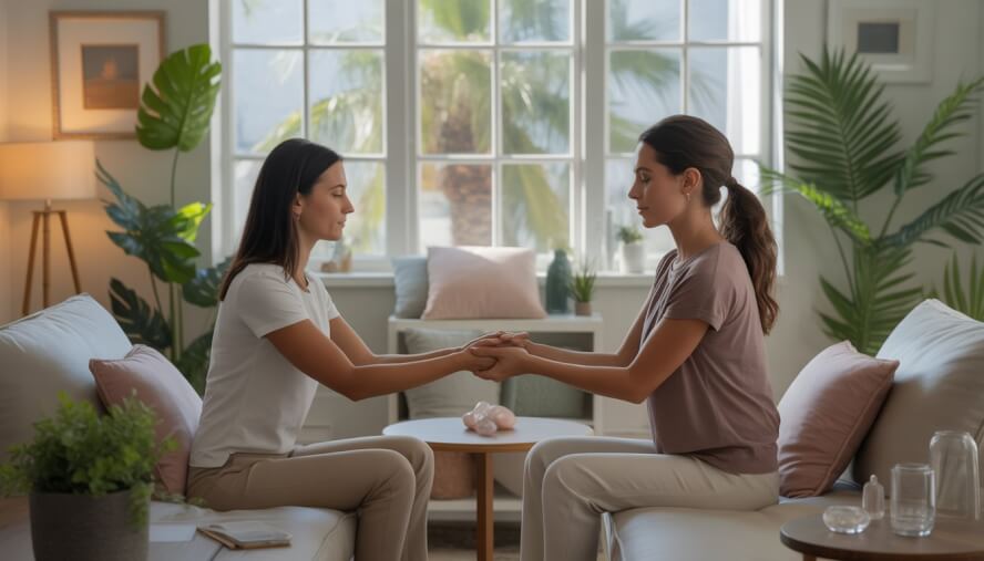 A holistic therapist gently holding the hands of a calm client in a bright therapy room with plants and natural light.