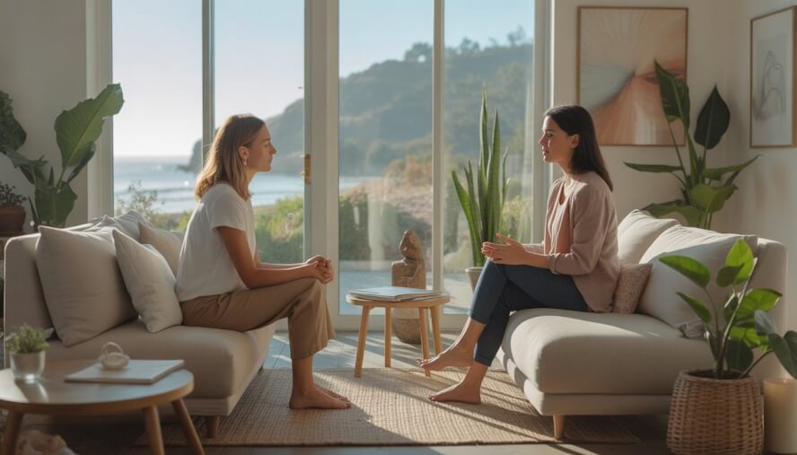 A therapist and client sitting in a bright, peaceful room with plants and sunlight, engaged in a calm conversation.