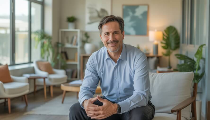 A middle-aged male therapist sitting in a bright, modern office with plants and bookshelves, creating a calm and welcoming atmosphere.