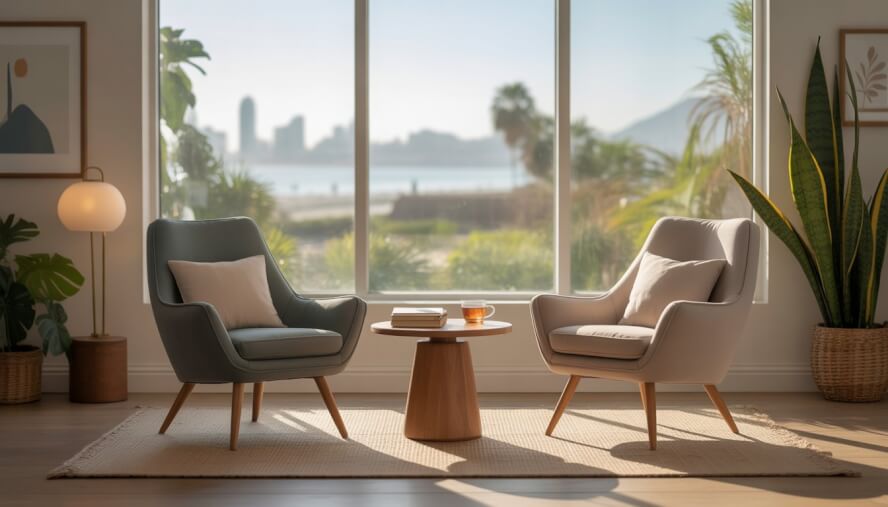 A calm therapy office with two chairs, plants, and a view of San Diego's skyline through large windows.