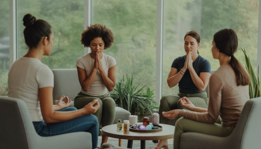 Therapists and clients in a bright, comfortable therapy room practicing calming mind-body techniques surrounded by plants and natural light.