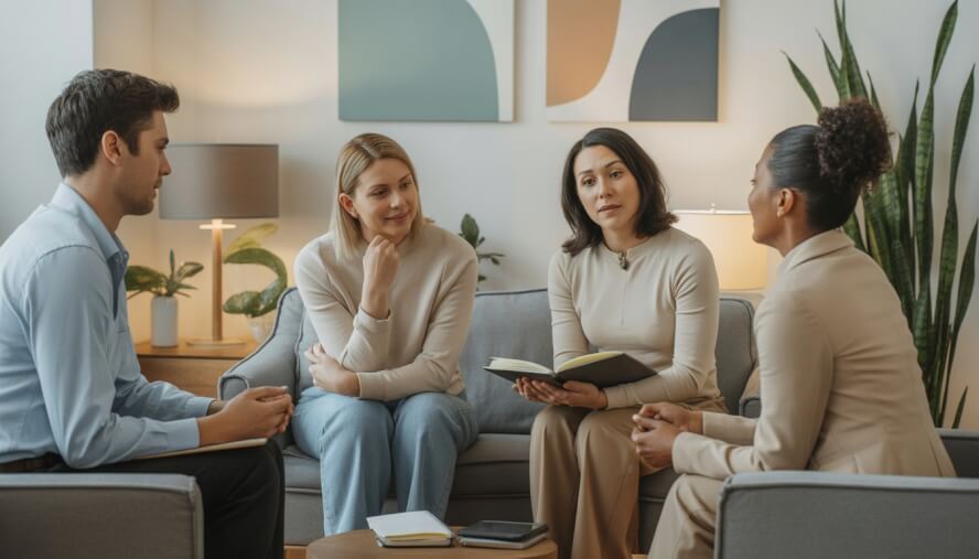 A group of therapists talking together in a bright, comfortable office with plants and calming decor.