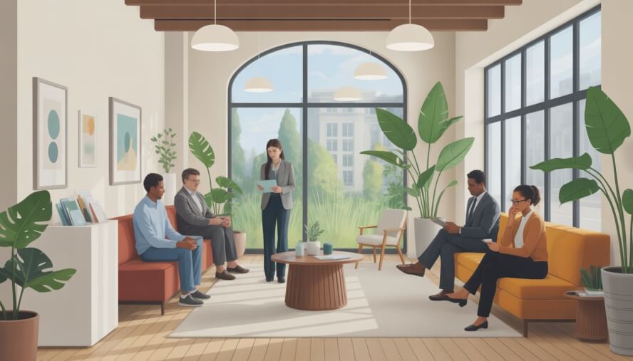 A welcoming therapy center reception area with natural light, plants, and a receptionist helping diverse clients.