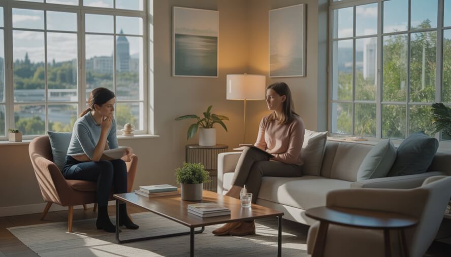 A therapist and client engaged in a conversation in a bright, comfortable therapy office with large windows showing a city view.