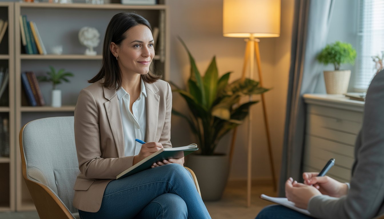 A female therapist sitting in a comfortable office, listening attentively and holding a notepad.