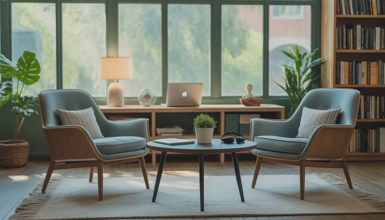 A calm and cozy therapy office with two chairs, a small table, a laptop, and a bookshelf, illuminated by natural light from large windows.