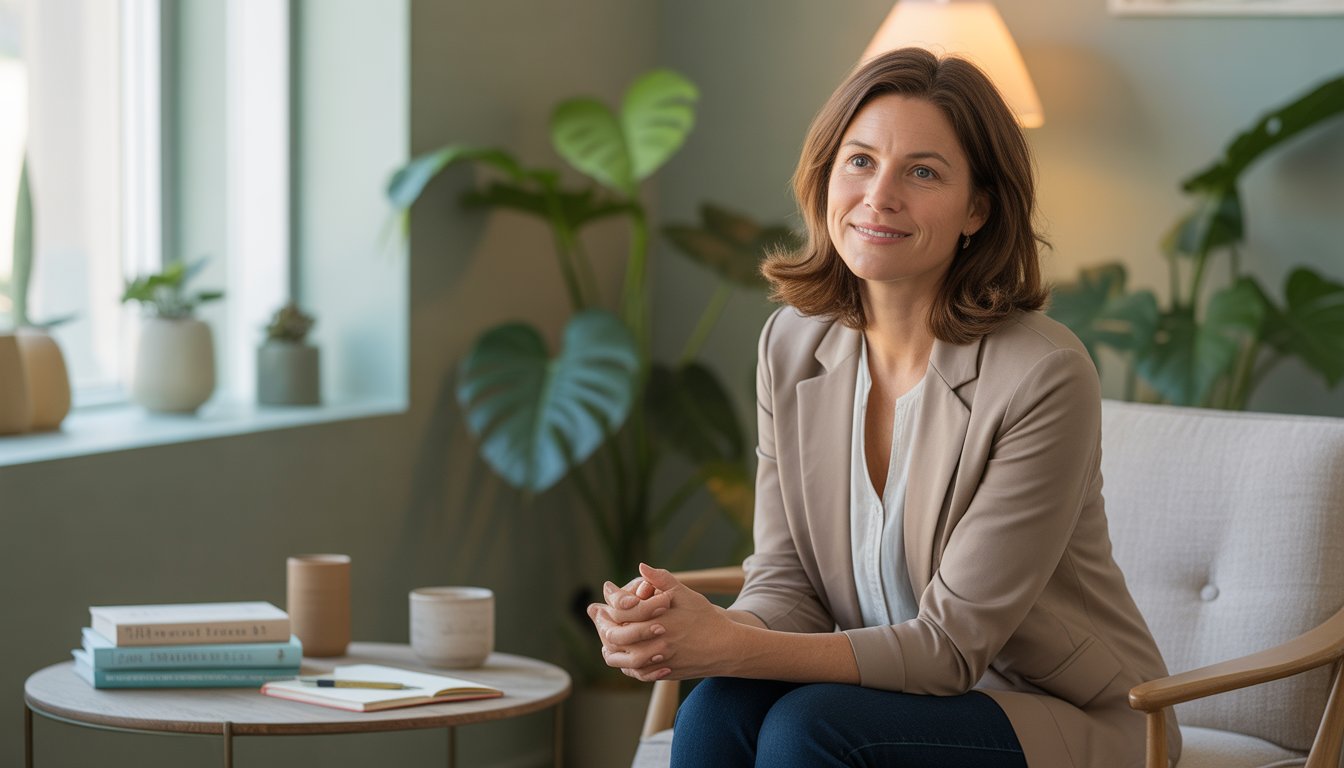 A female therapist sitting in a cozy office with natural light and plants, creating a calm and welcoming atmosphere.