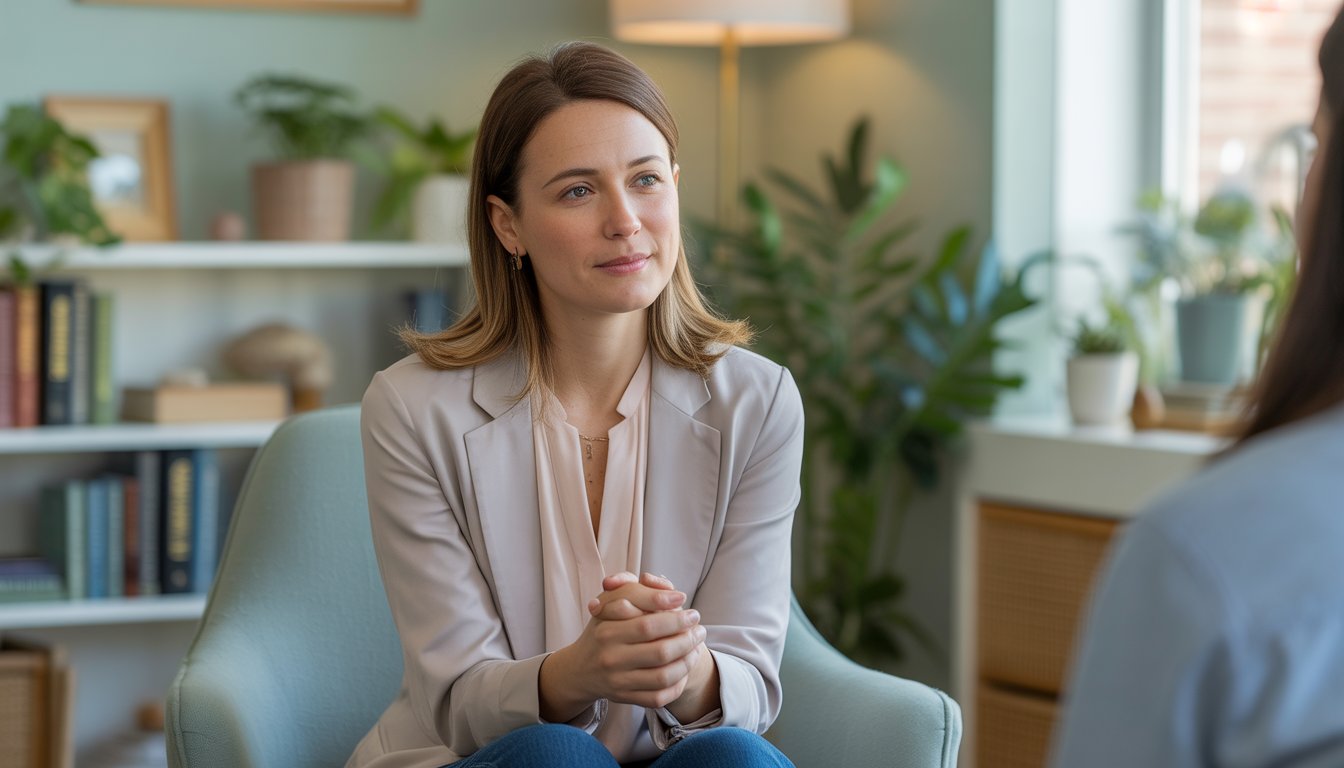 A female therapist sitting in a cozy office, listening attentively during a counseling session.