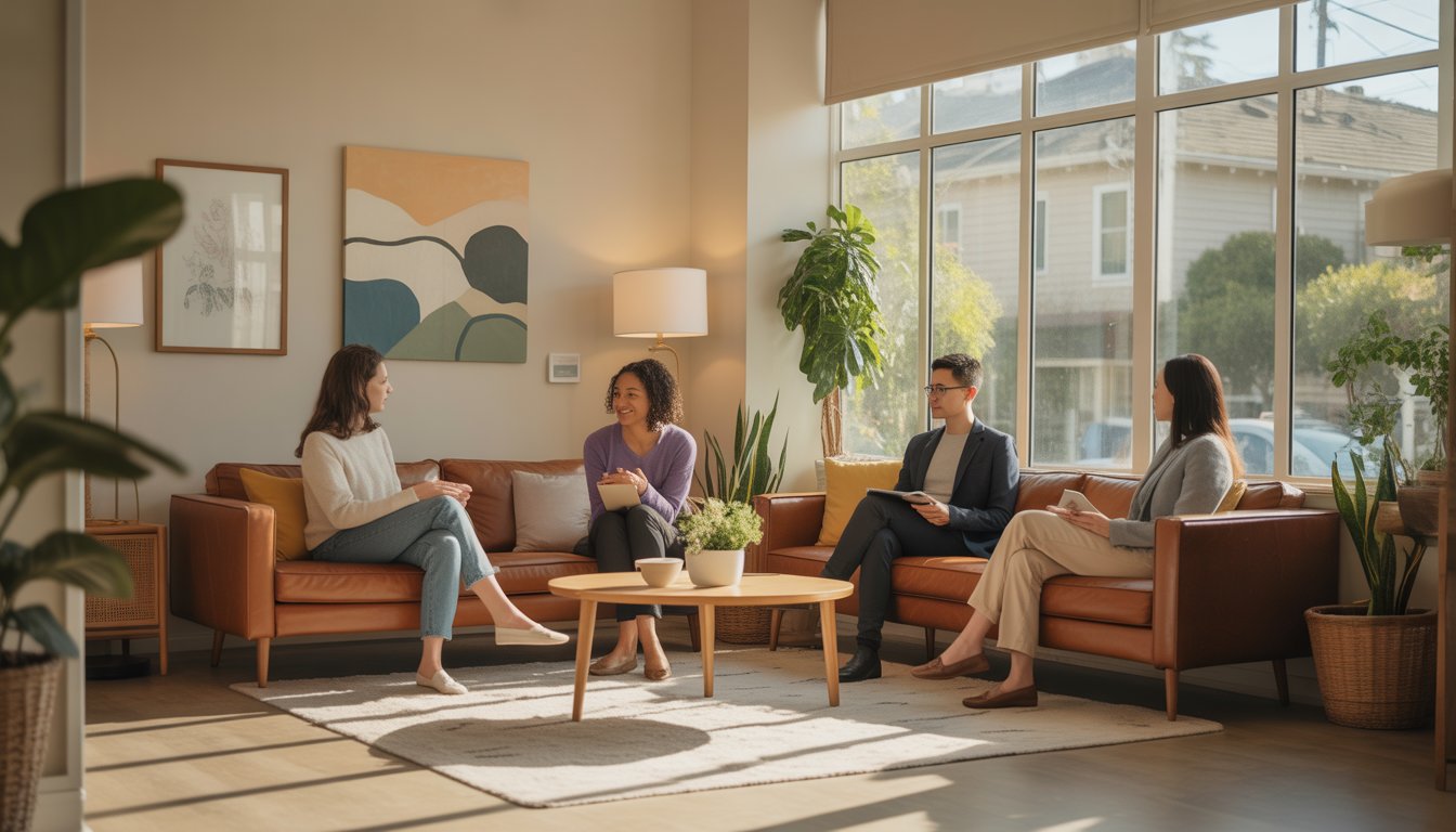 A bright and welcoming therapy clinic reception area with therapists and clients talking in a comfortable, supportive environment.