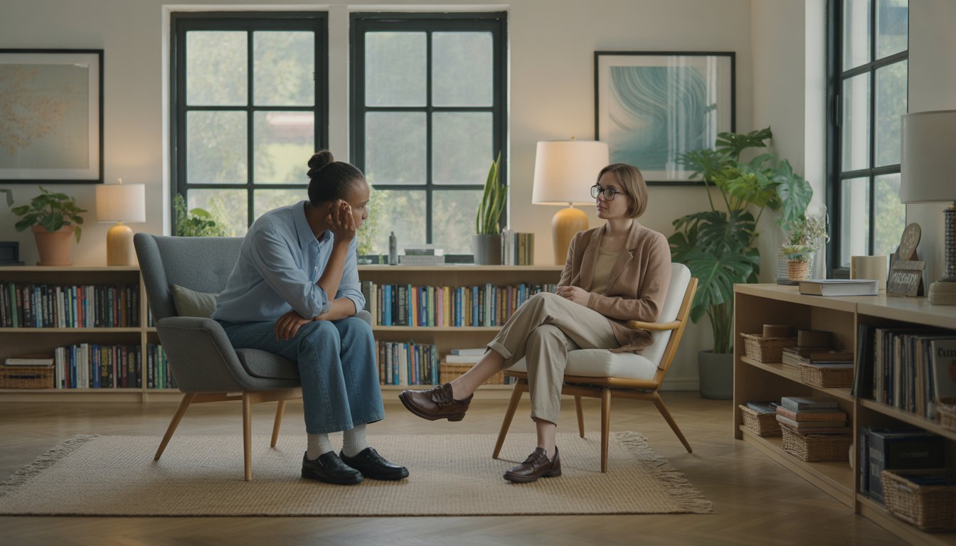 A therapist attentively listening to a thoughtful client in a cozy therapy office with natural light and plants.