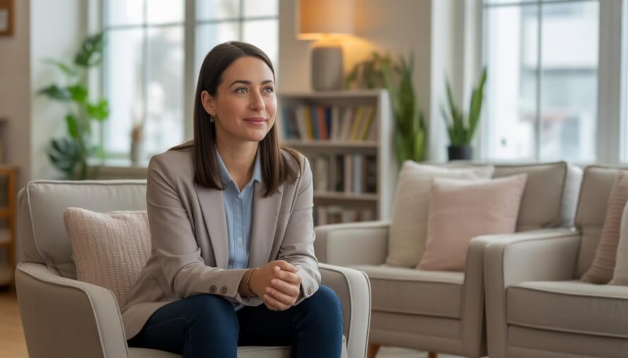 A female therapist sitting in a bright, comfortable office, listening attentively.