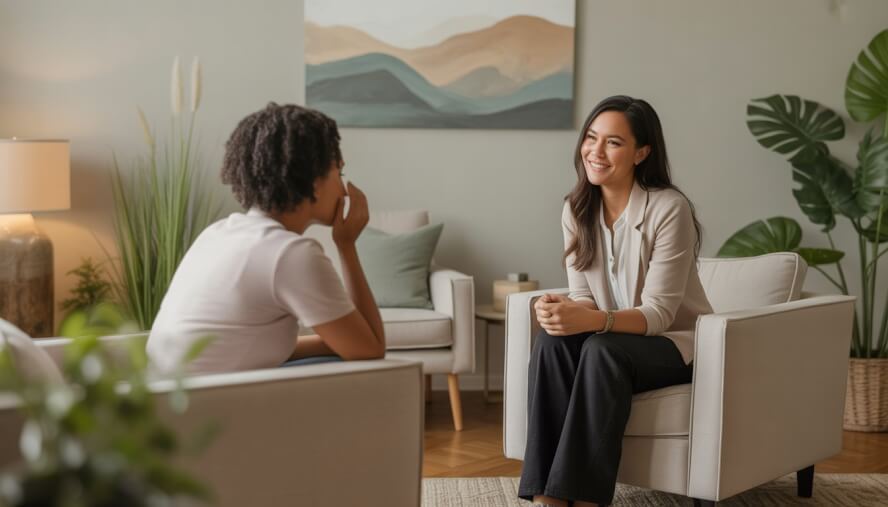 A therapist and client having a supportive conversation in a comfortable, well-lit counseling room with plants and a landscape painting on the wall.
