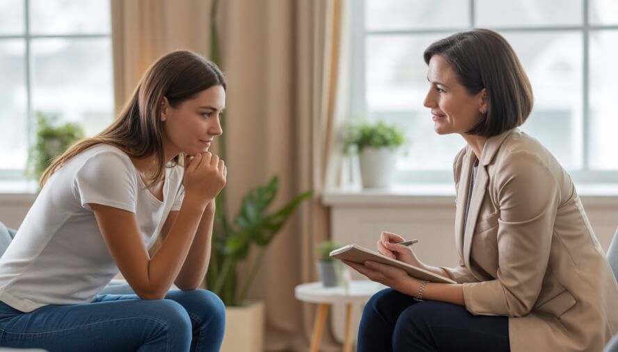 A therapist attentively listens to a young adult client in a bright, comfortable therapy office.