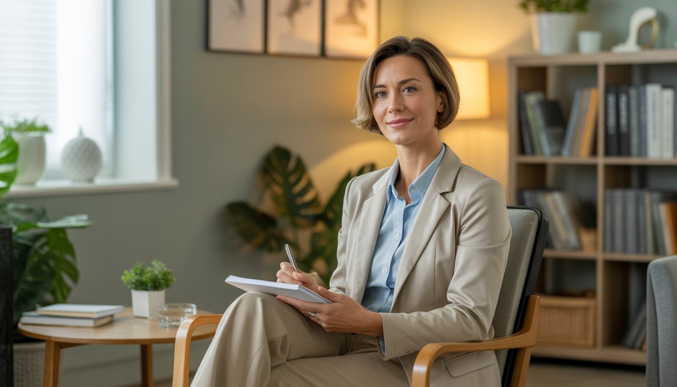 A female therapist sitting in a comfortable chair in a warmly lit office, holding a notepad and pen, ready to listen.