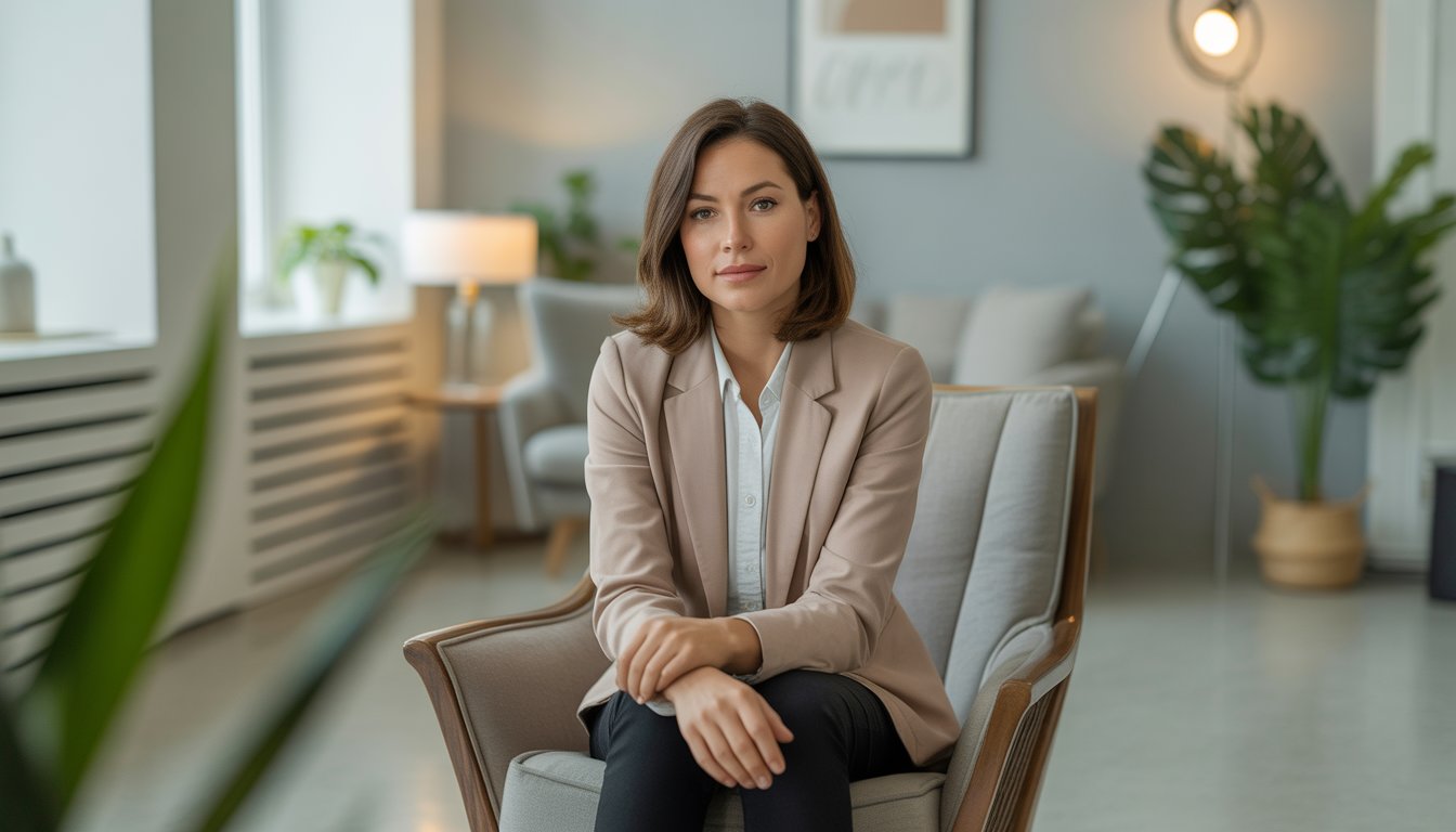 A female therapist sitting in a modern office with natural light and plants, looking calm and approachable.