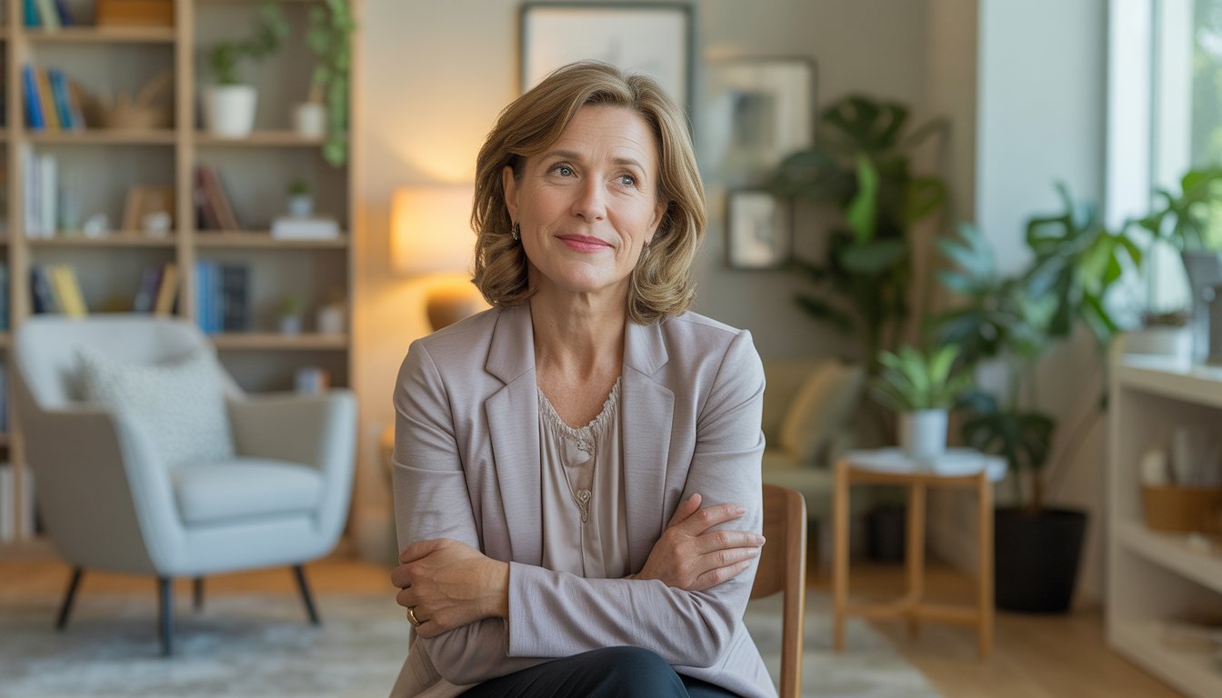 A mature female therapist sitting in a comfortable office with bookshelves and plants, looking calm and approachable.
