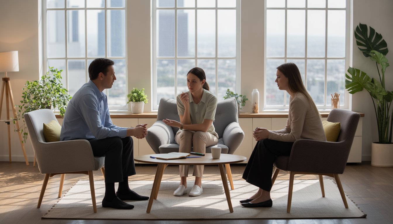 Two therapists and a client having a therapy session in a bright, comfortable office with large windows showing a city view.