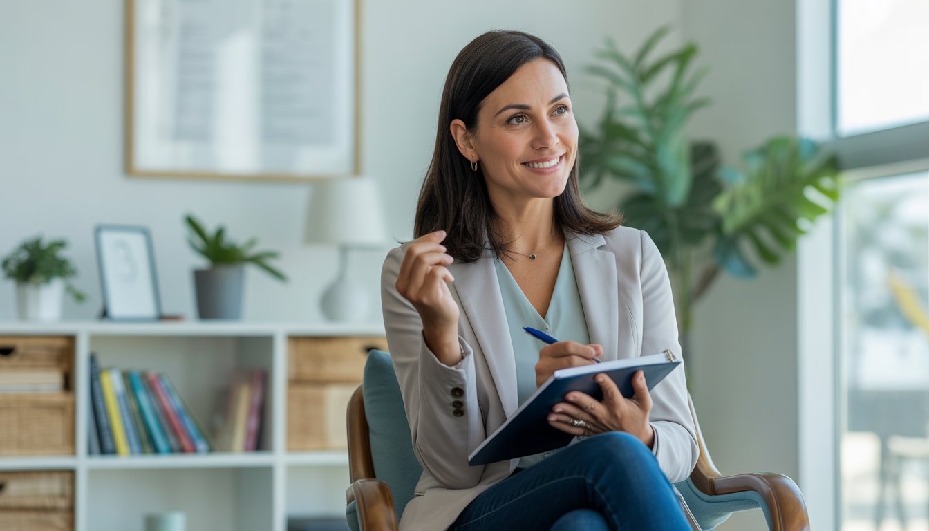 A female clinical psychologist sitting in a bright therapy office, attentively listening and smiling gently.
