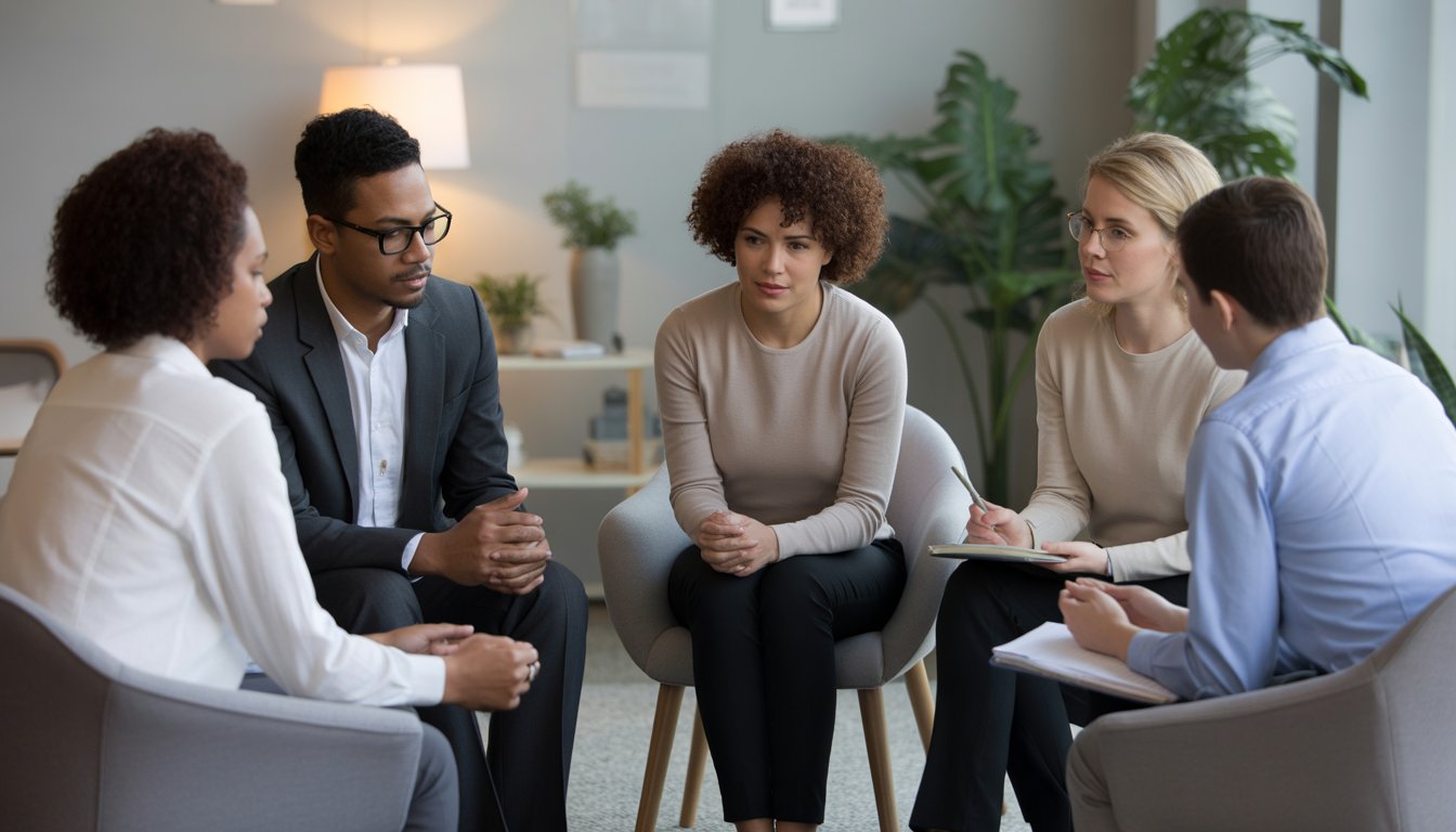 A diverse group of adults sitting in a circle in a bright office, engaged in a supportive group therapy session.