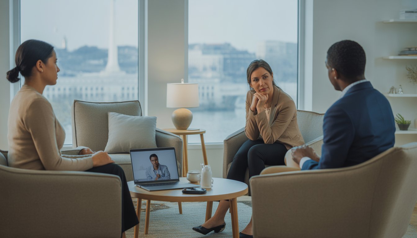 A therapist talking with a thoughtful client in a bright therapy room with a window showing Washington, DC landmarks and a laptop displaying a virtual session.