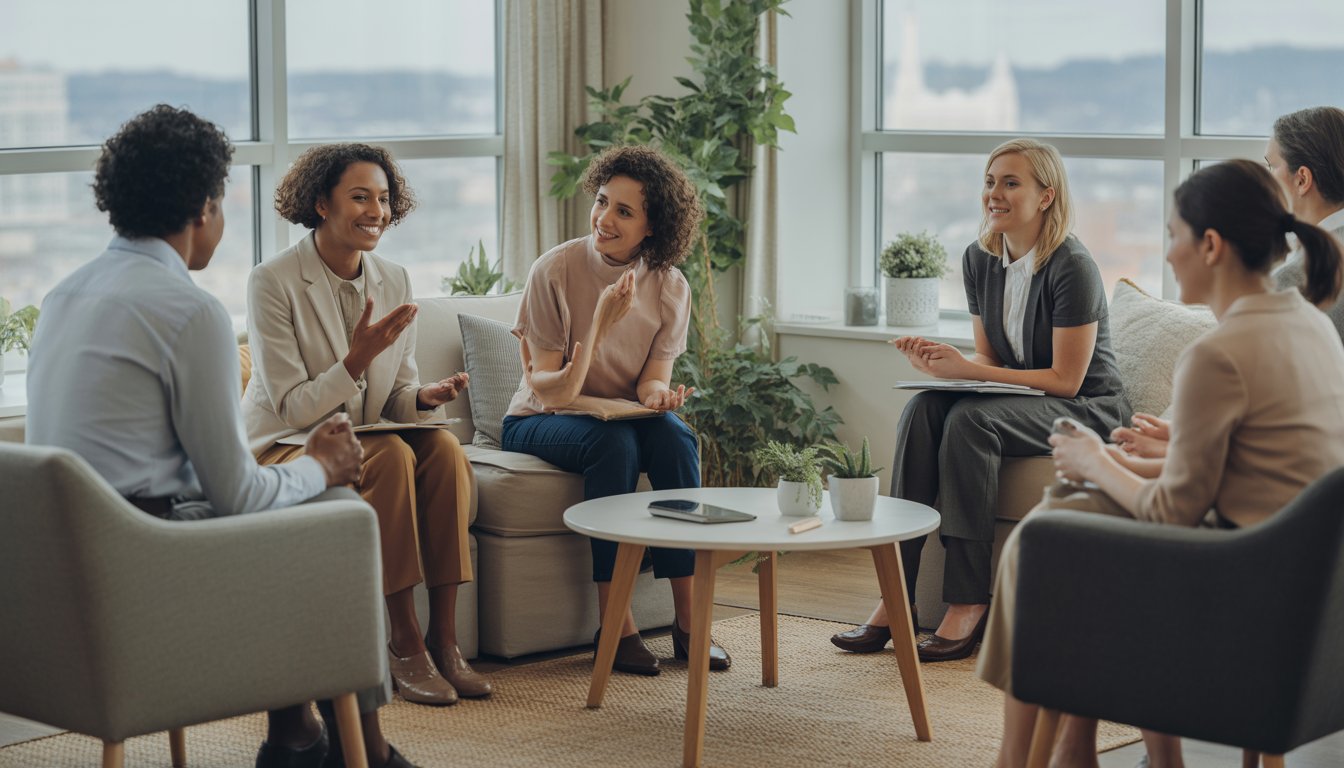 A diverse group of therapists warmly interacting with clients in a bright, comfortable therapy office with large windows showing a city view.