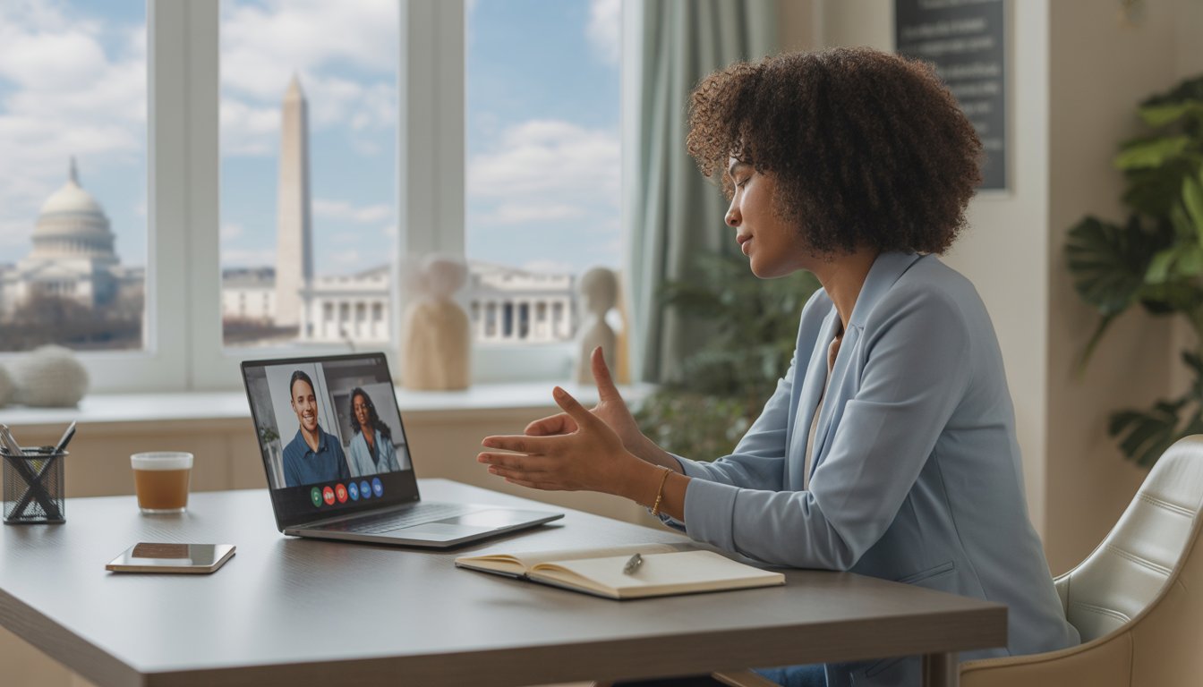 A therapist conducting a remote video session from a home office with Washington, DC landmarks visible outside the window.
