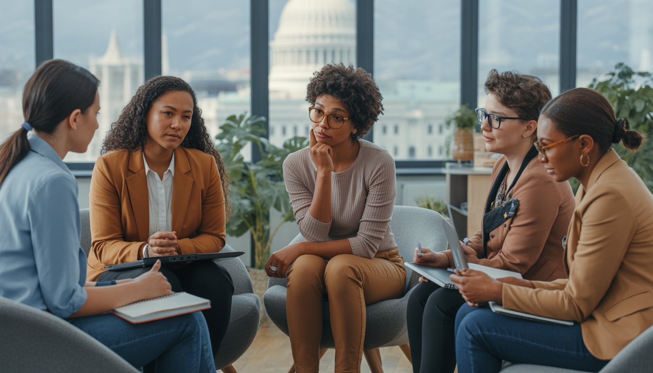 A diverse group of counselors and therapists having a focused discussion in a bright office with a view of Washington, DC.