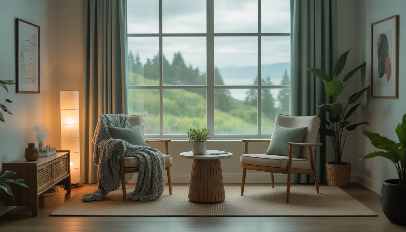 A calm and inviting therapy office with two chairs, a small table with a plant, large windows showing green coastal scenery, and soft natural light.