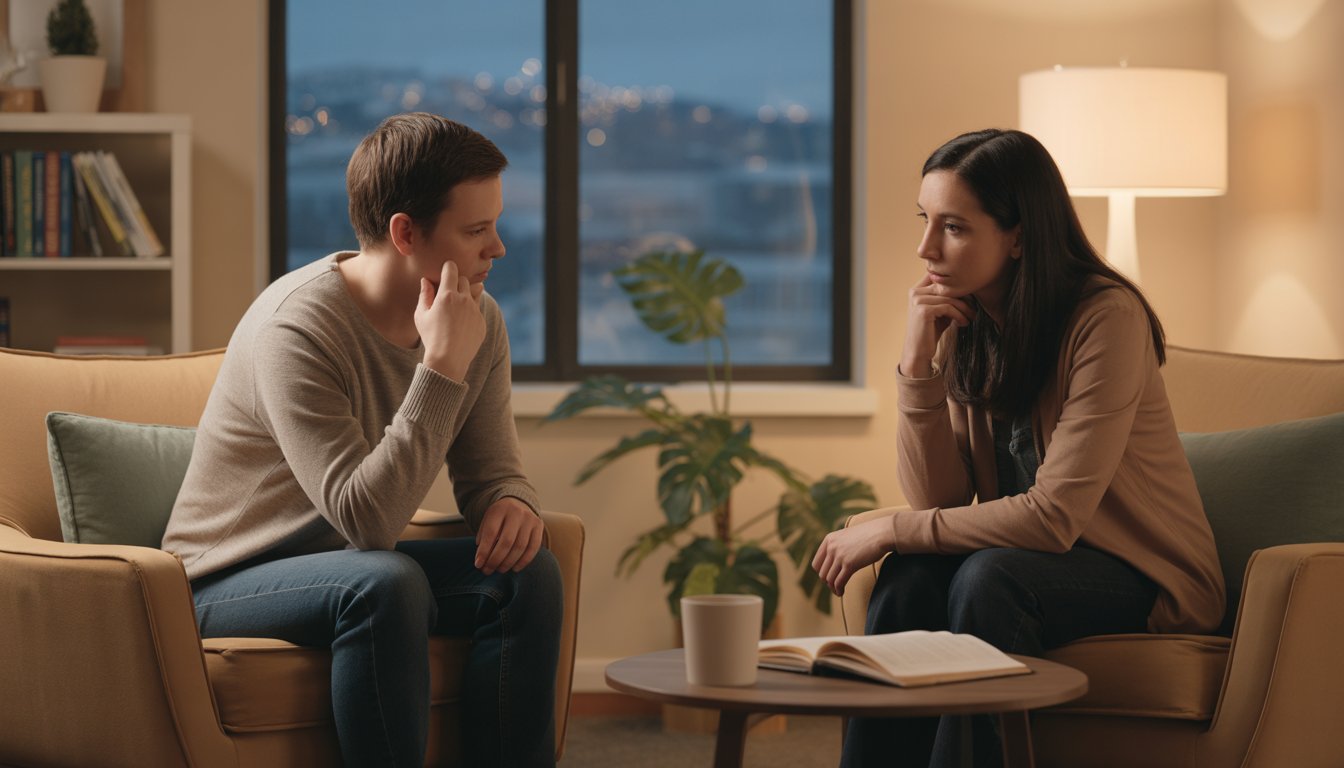 A therapist and a client having a calm conversation in a cozy therapy office with a window showing a city view.