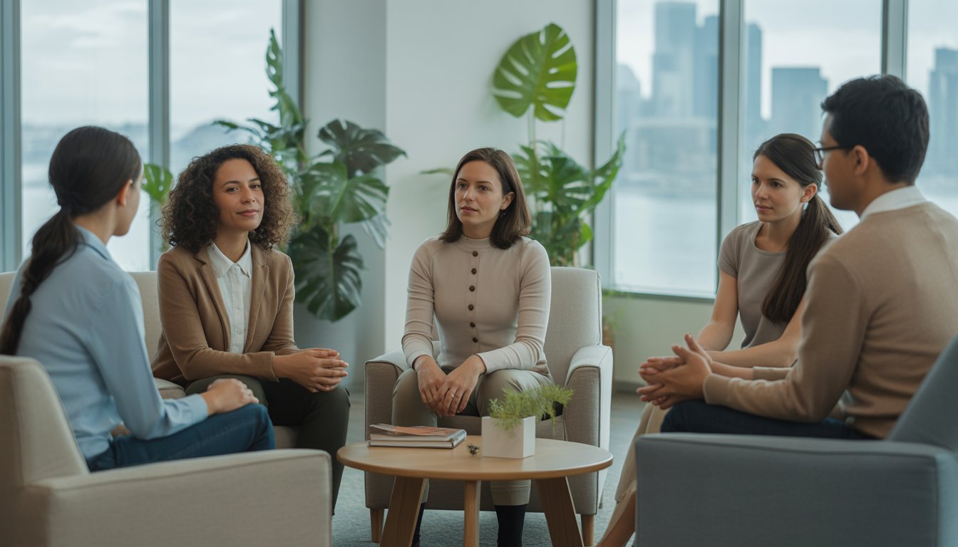 A group of therapists and clients having a supportive conversation in a bright counseling center with large windows showing a city skyline.