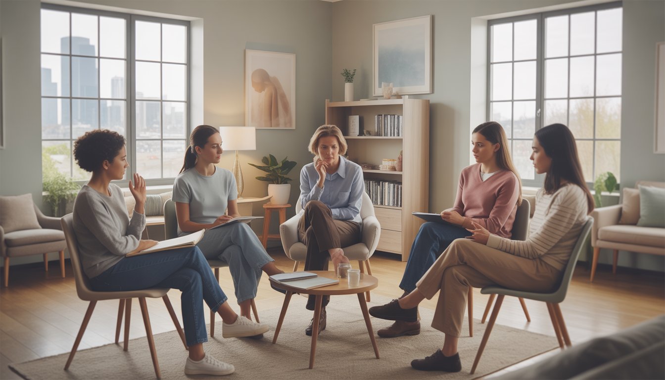 A group therapy session in a bright room with a therapist and several people seated in a circle, engaged in conversation.