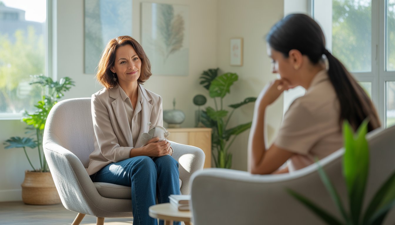 A therapist and a client sitting in a bright, comfortable counseling office, engaged in a calm and supportive conversation.