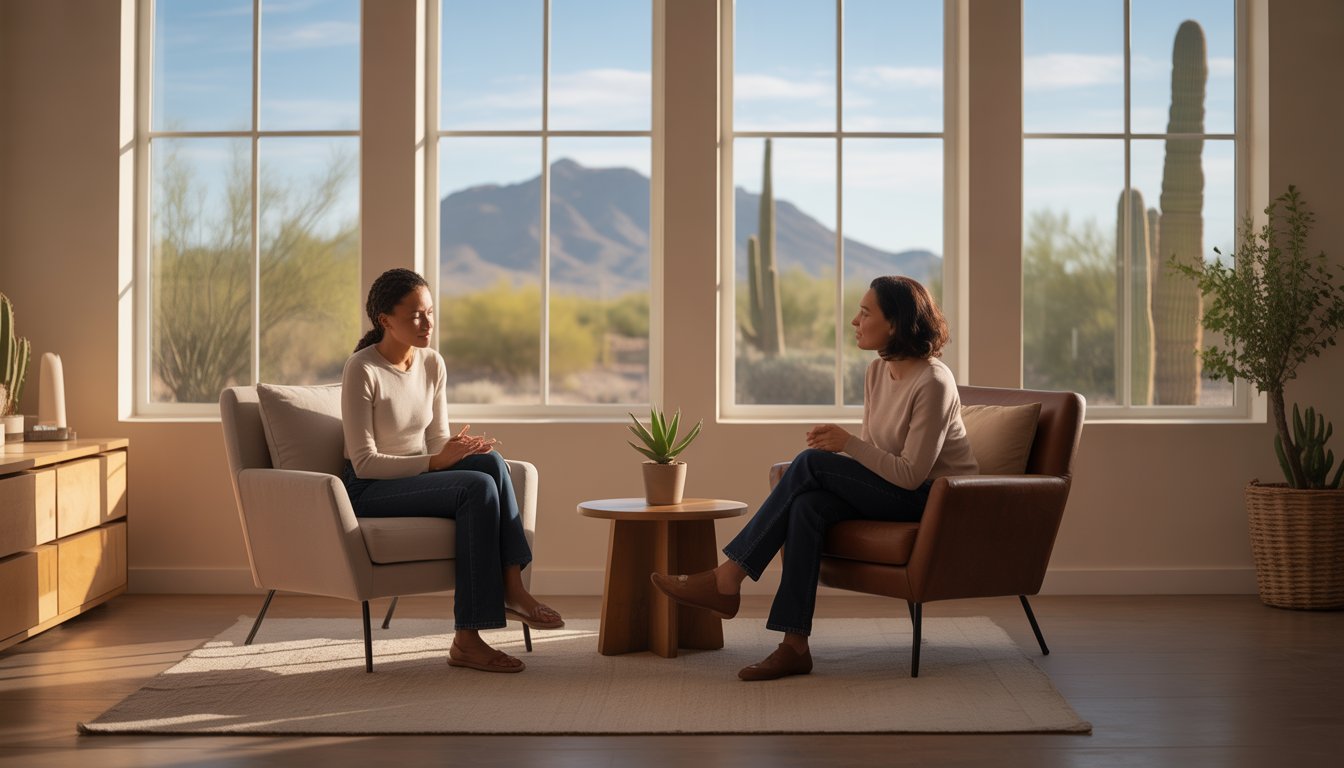 A therapist and adult client talking in a bright therapy room with large windows showing desert mountains and cacti outside.