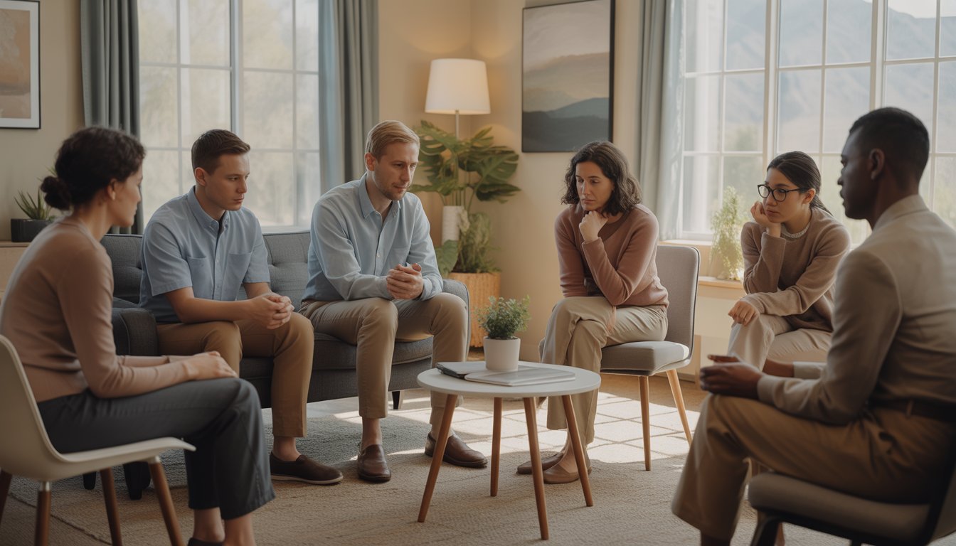 A group therapy session in a bright, modern counseling room with therapists and clients engaged in supportive conversation.