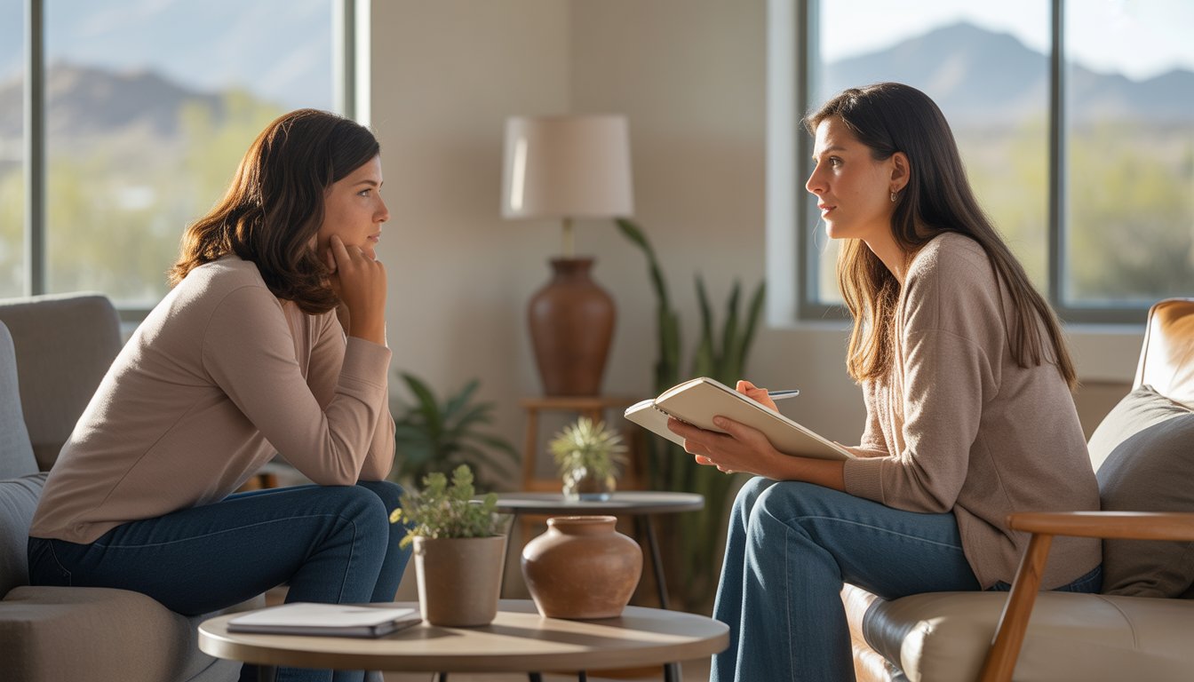 A therapist attentively listens to a young adult client in a bright, comfortable counseling office with desert scenery visible through the window.