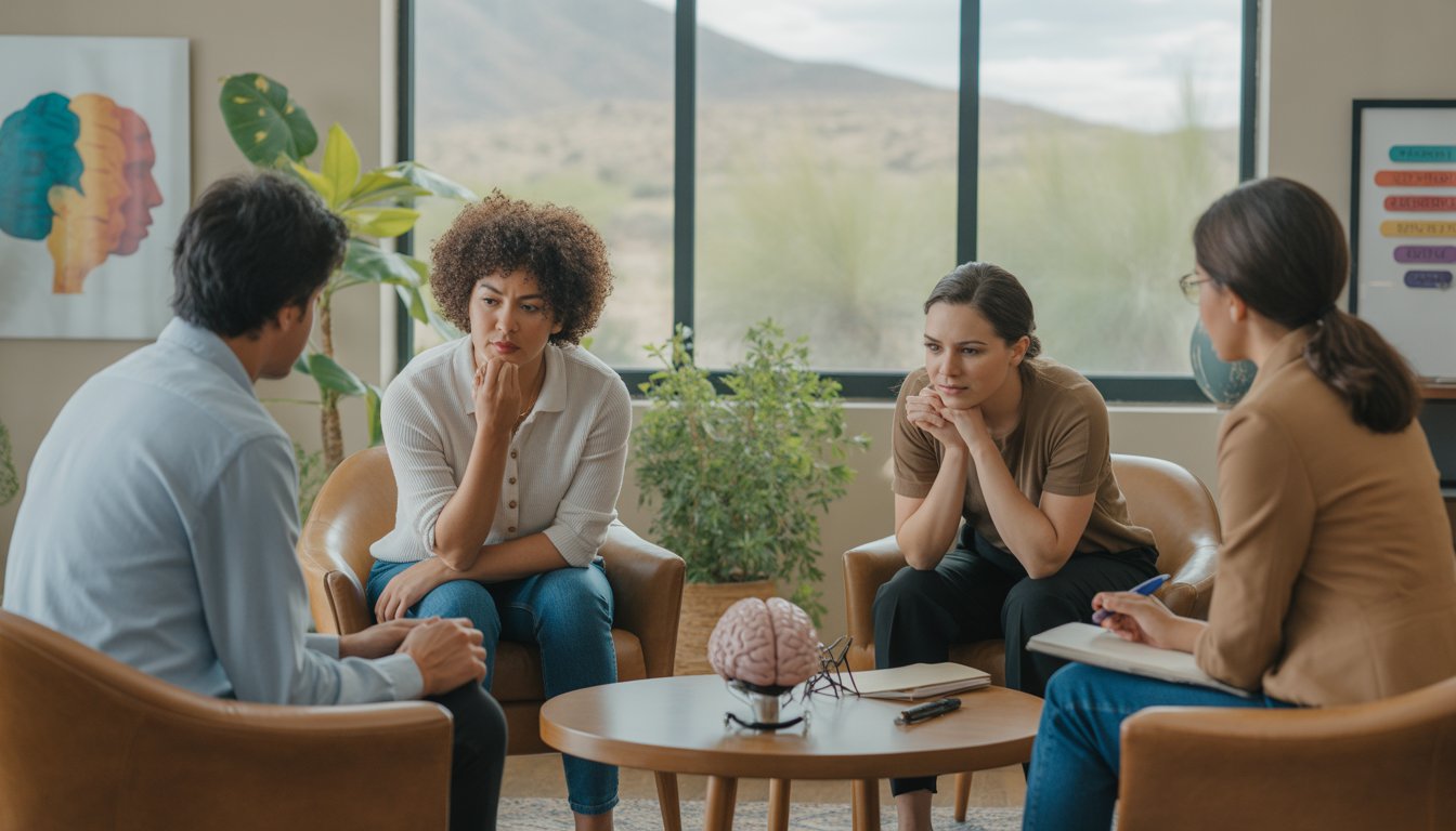 Therapists and clients in a bright, comfortable counseling office with natural light and plants, engaged in supportive conversation.