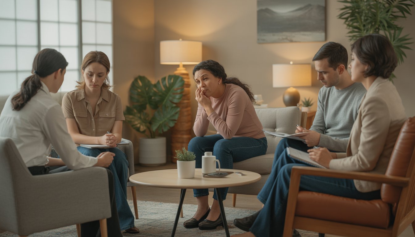 Therapists and clients in a calm counseling office engaged in a supportive therapy session.