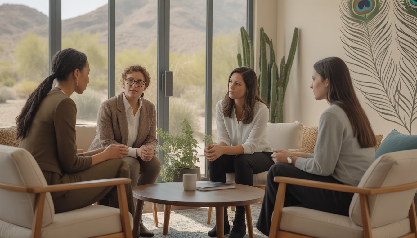 Three therapists and a client having a supportive conversation in a bright, welcoming therapy office with desert plants visible outside.