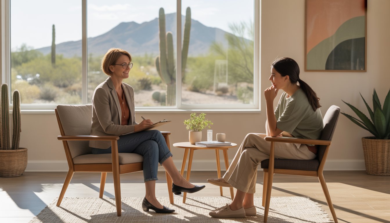 A therapist attentively listens to a client in a bright office with windows showing a desert landscape outside.