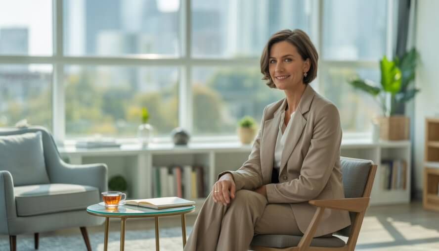 A female therapist sitting in a bright office with large windows showing a city view, surrounded by plants and bookshelves.