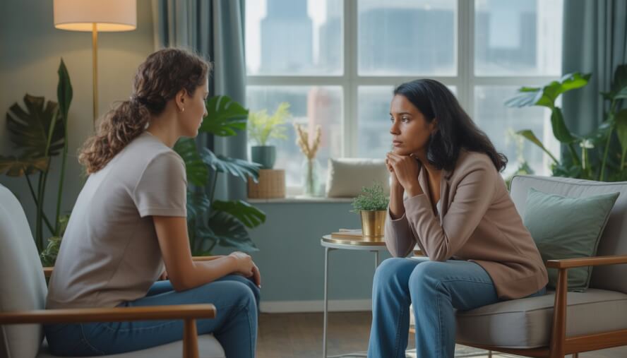 A therapist attentively listening to a young adult client in a calm, softly lit therapy office with plants and a window showing a city view.