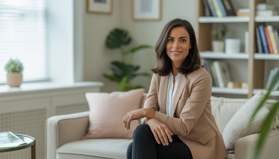A female therapist sitting in a comfortable office with bookshelves and plants, creating a calm and welcoming atmosphere.