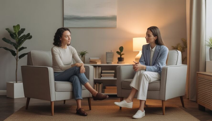 A therapist and client engaged in a calm therapy session in a cozy room with natural light and plants.