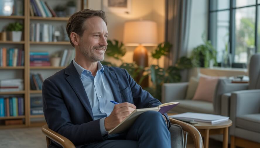 A middle-aged male therapist sitting in a comfortable office, holding a notepad and pen, surrounded by bookshelves and plants.