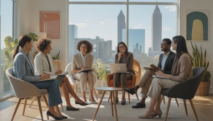 A group of therapists sitting in a bright office with large windows showing a city view, engaged in a discussion.