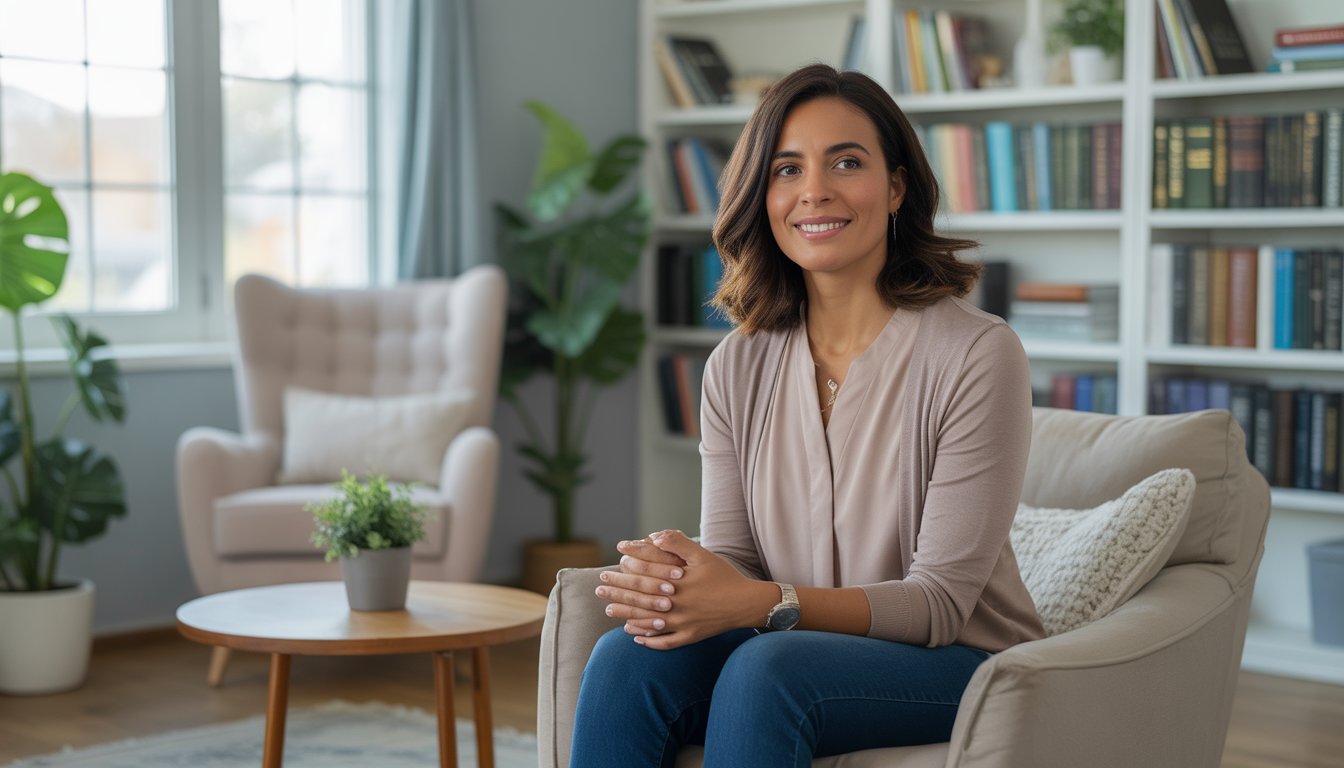 A female therapist sitting in a comfortable office with bookshelves and plants, looking calm and approachable.