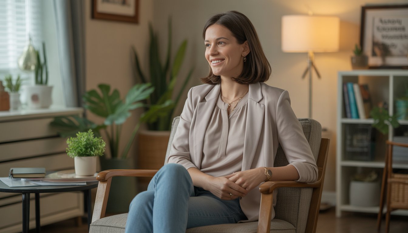 A female counselor sitting in a comfortable chair in a bright, welcoming therapy office with plants and books in the background.