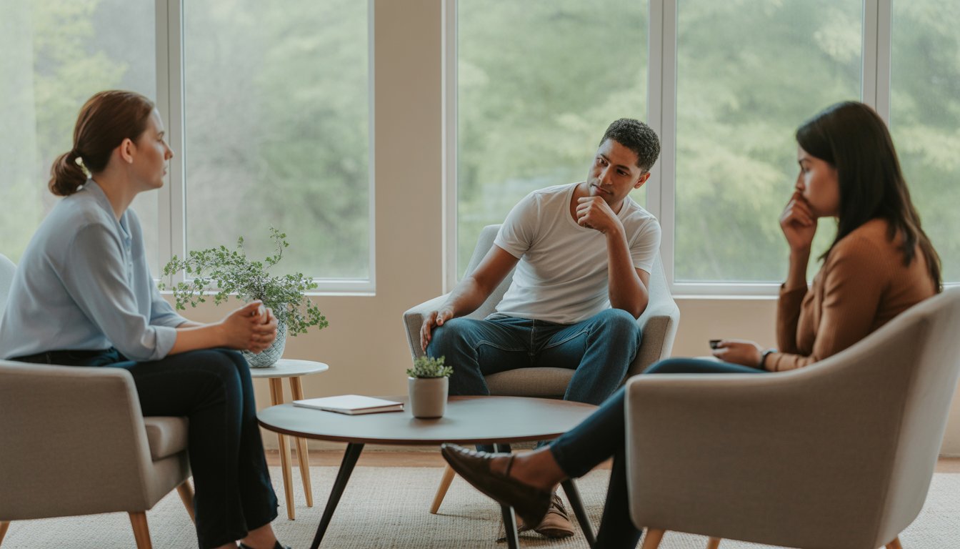 Three adults in a bright, comfortable therapy room in Austin, engaged in a calm and supportive conversation.