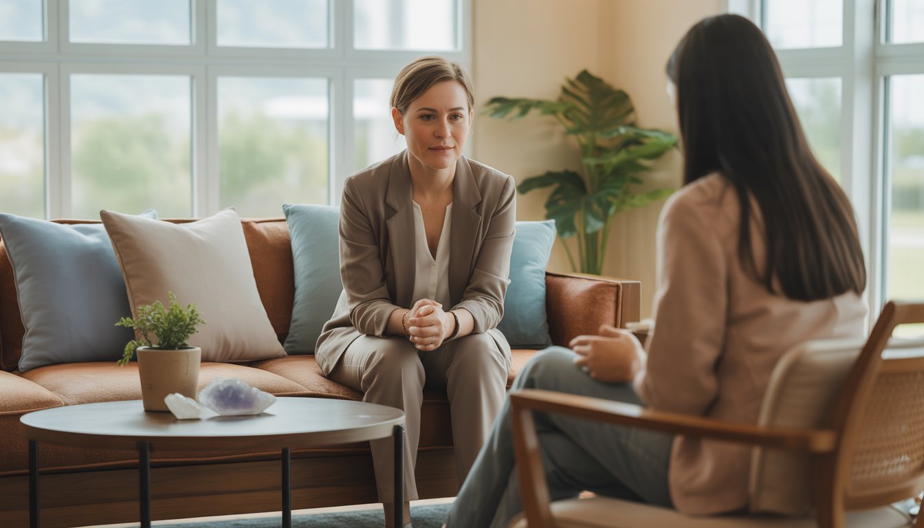 A therapist attentively listening to a client in a bright, comfortable counseling office with natural light and calming decor.